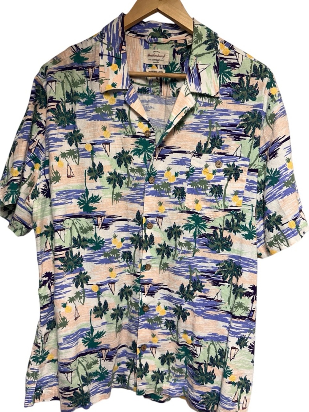 Weatherproof Vintage Men's Short Sleeve Washable Linen Blend Shirt Tropical XL